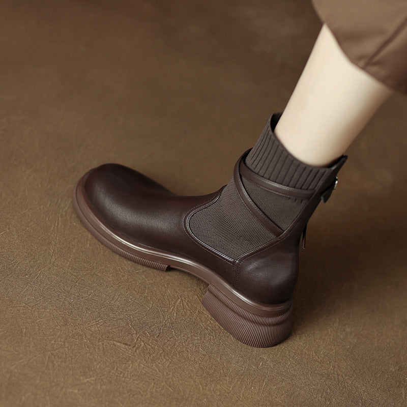 Thick Bottom Chunky Heel Real Soft Leather Round Toe Retro Socks Boots For Women