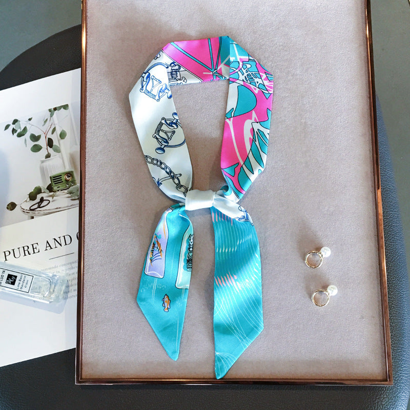Double-sided Slender Small Silk Scarf Bag Handle Hair Band Turban