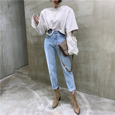 High waist washed blue 2-button small straight-leg jeans
