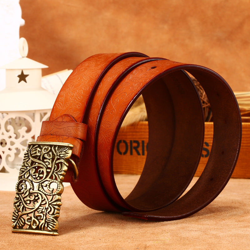 Ladies Leather Engraved With Hollow Buckle Printed Cowhide Belt