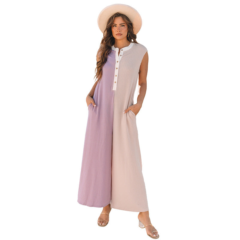 European And American Leisure Loose Color Matching Sleeveless Jumpsuit