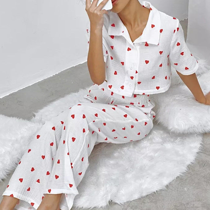 Heart-printed Crepe Cotton Pajama Pants And Short-sleeve Top Set