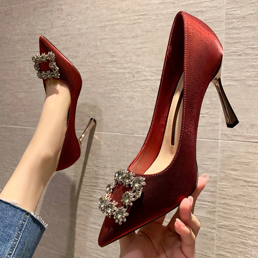 Rhinestone Stiletto Women's Shoes Net Red Satin Slim