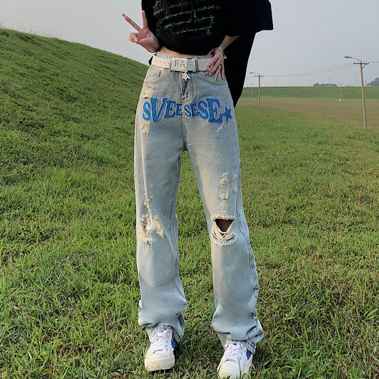 Ripped Letter Embroidered Heavy-duty Jeans