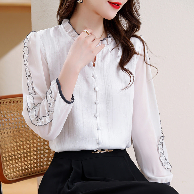 Women's Sleeved Acetate Jacquard Top With Wooden Ear Collar Plate