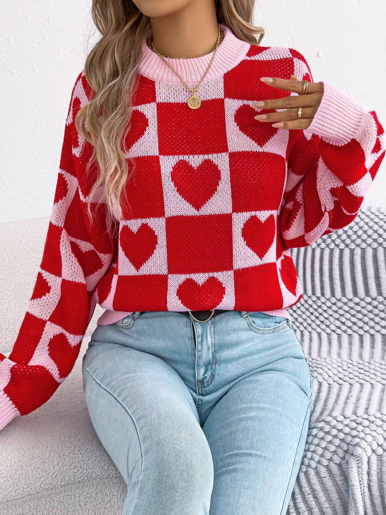 Women's Love Plaid Lantern Long Sleeve Pullover Sweater