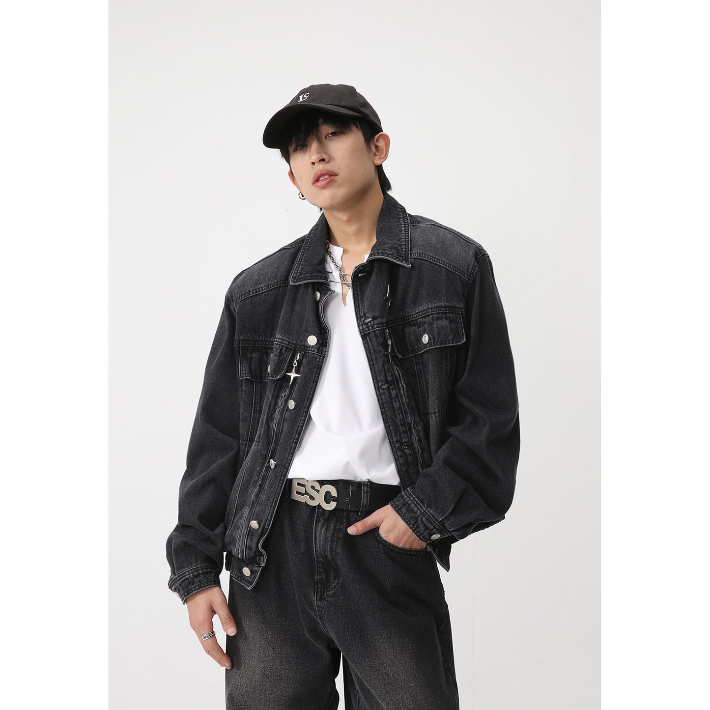 Spring Padded Shoulder Loose Waist Elastic Design Denim Jacket
