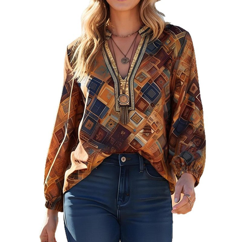 Women's Fashionable Printed Casual Long Sleeve Loose Top