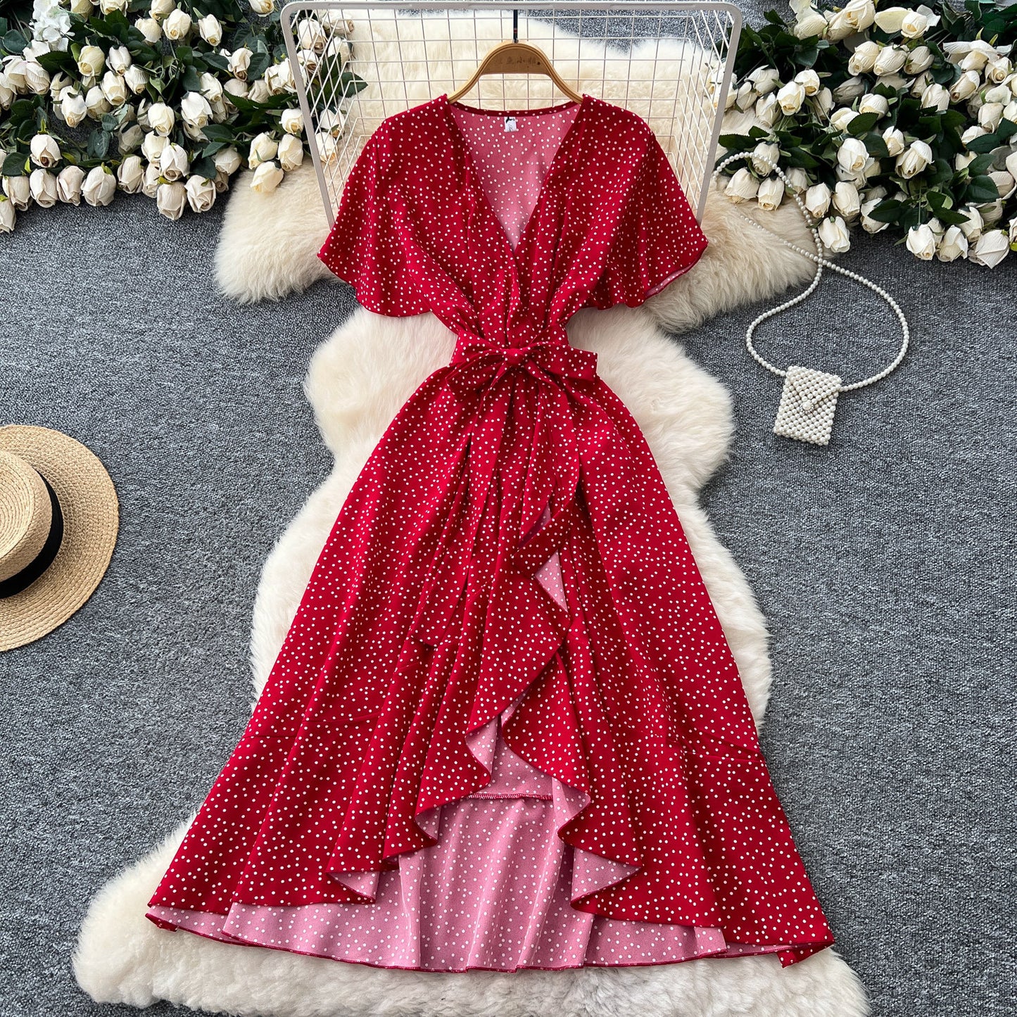 Cross V-Neck Short-Sleeve Irregular Dress Womens