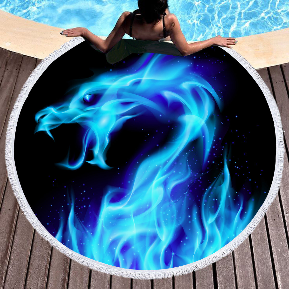 Novelty gift cool blue fire dragon swimming beach towel tapestry round floor mat tassels Photography props, 150cm