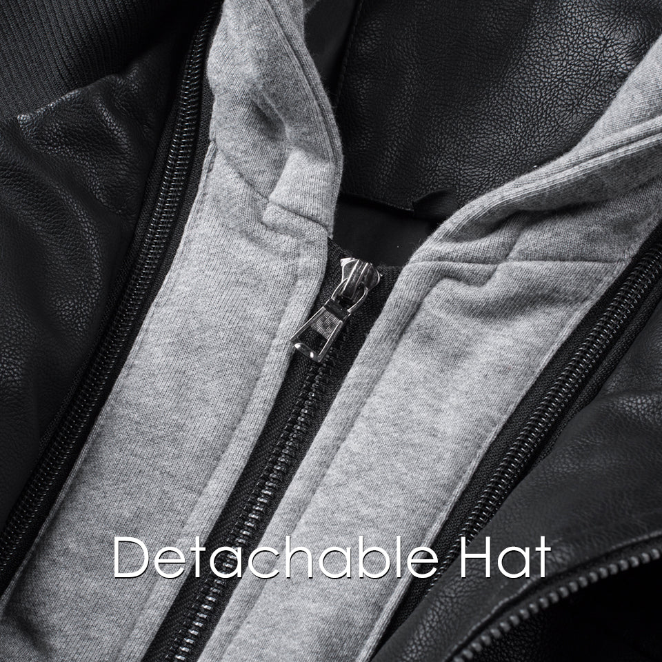 Men's detachable hooded pu leather jacket