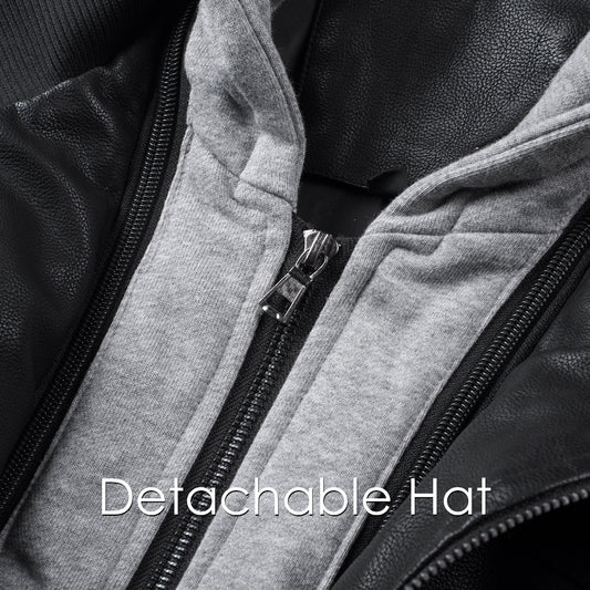 Men's detachable hooded pu leather jacket