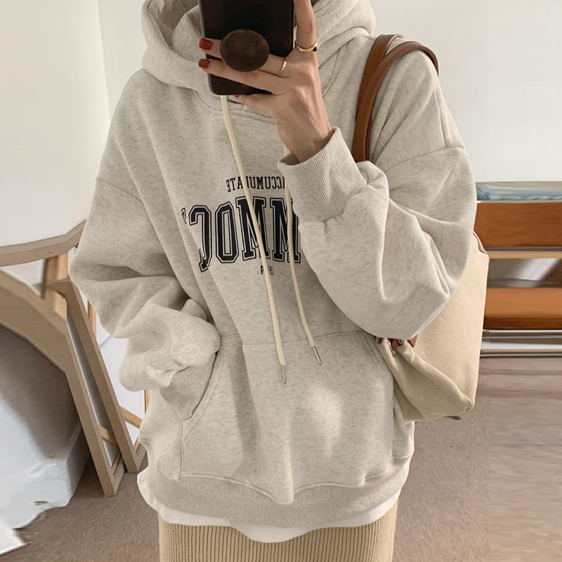 Women's Niche Alphabet Print Plus Fleece Loose Hooded Pullover Sweater