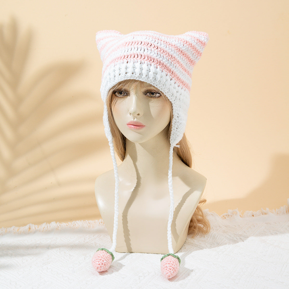 Women's Japanese Funny Little Devil Cat Ears Striped Knitted Woolen Cap