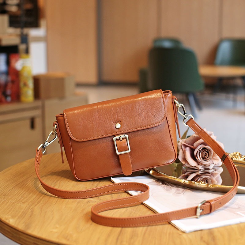 Retro Easy Matching Casual Crossbody Top Layer Vegetable Tanning Leather Shoulder Small Square Bag
