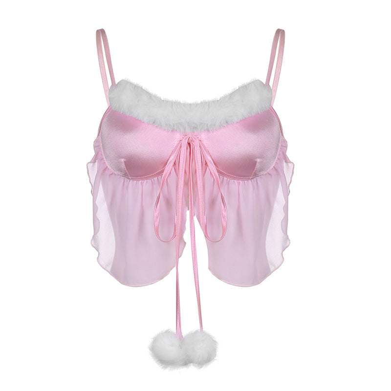 Girly Sweet Style Satin Chiffon Hairball Vest