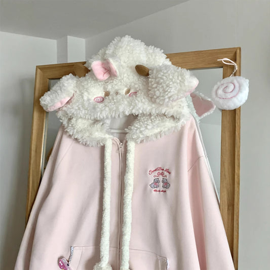 College Loose Little Lamb Wool Hooded Jacket