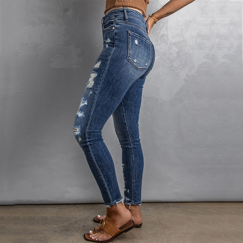 Casual Dame Højtaljede Jeans med Rå Kanter og Vasket Look