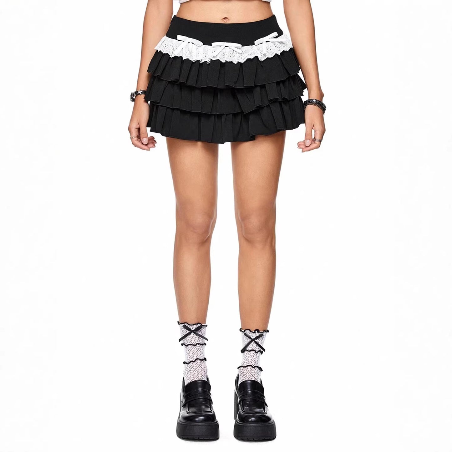 Allure-Driven Pleated Ruffle Lace Contrast Color Skirt For Women
