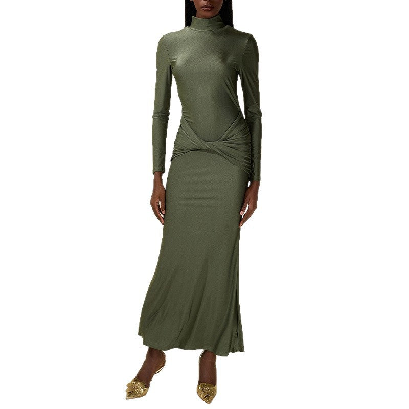 Womens High-neck Green Pleated Sheath Long-sleeve Dress