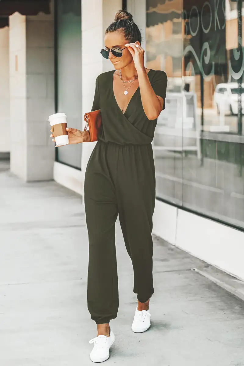 Cross V-neck Short Sleeved Lace Up Pocket Casual Jumpsuit