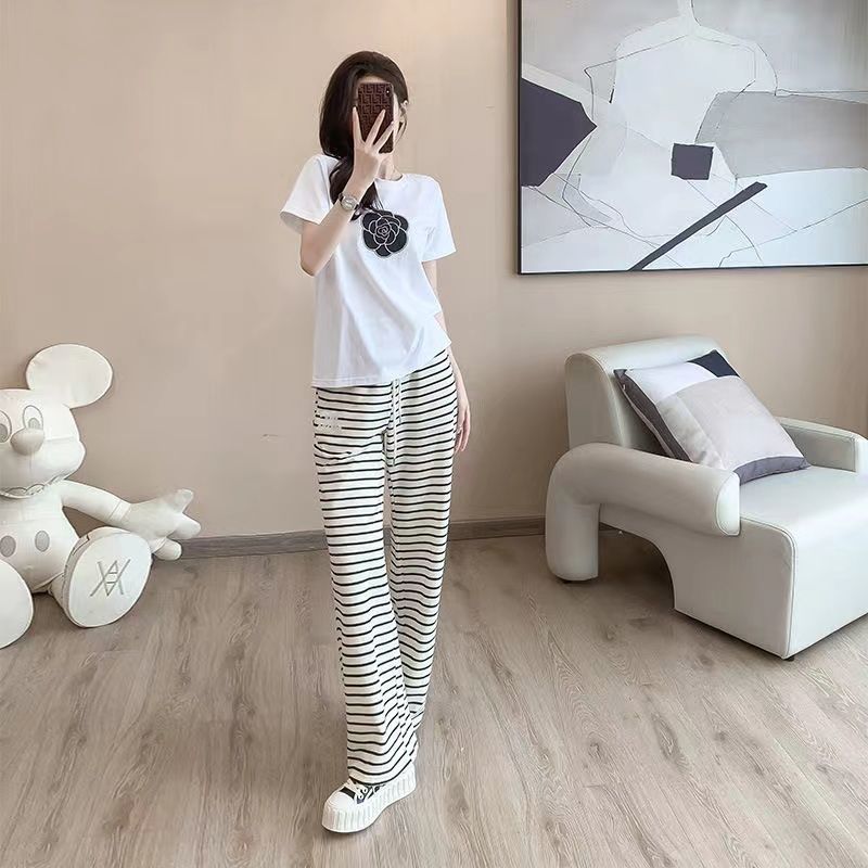 New Korean-style Casual Camellia-print Pure Cotton Short-sleeve T-shirt Set