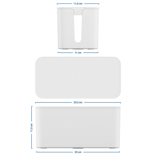 deleyCON Kabelhanternig Box Kabel Organiserare Box Kabellåda 23,5cm x 11,5cm x 11,5cm Robust Plast 2 Sidomonterade Kabelledare Skydd och Säkerhet Vit