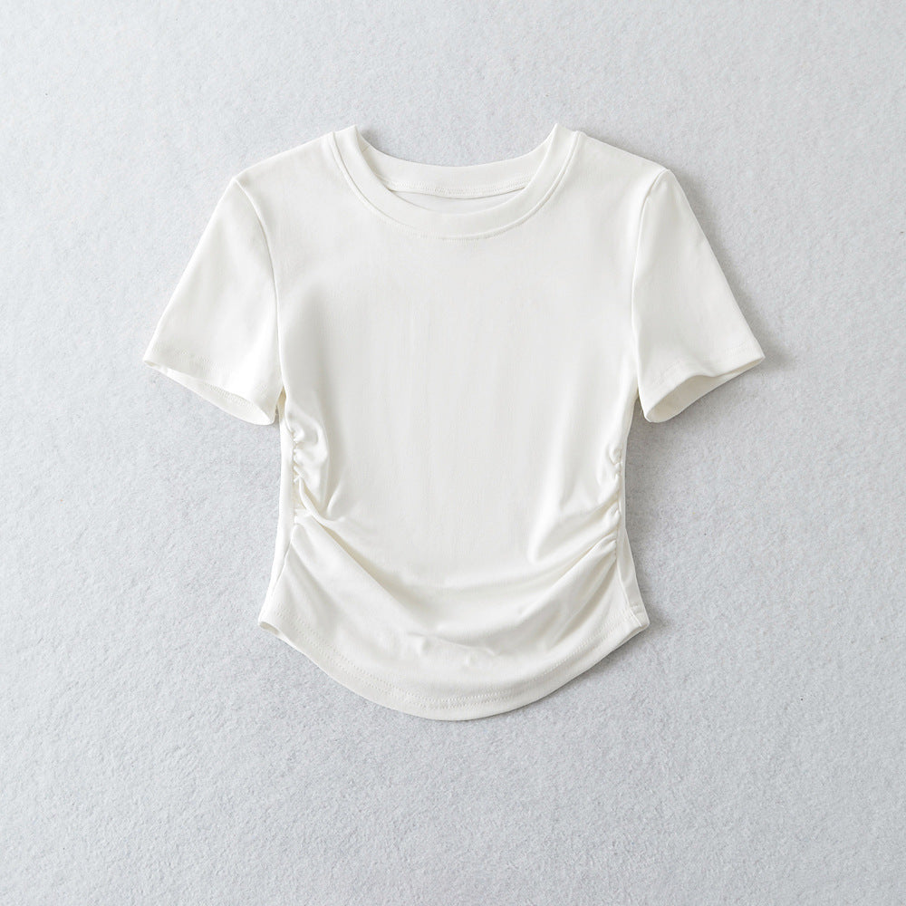 Spring Slim-fitting Top Hot Girl Drawstring Round Neck T-shirt