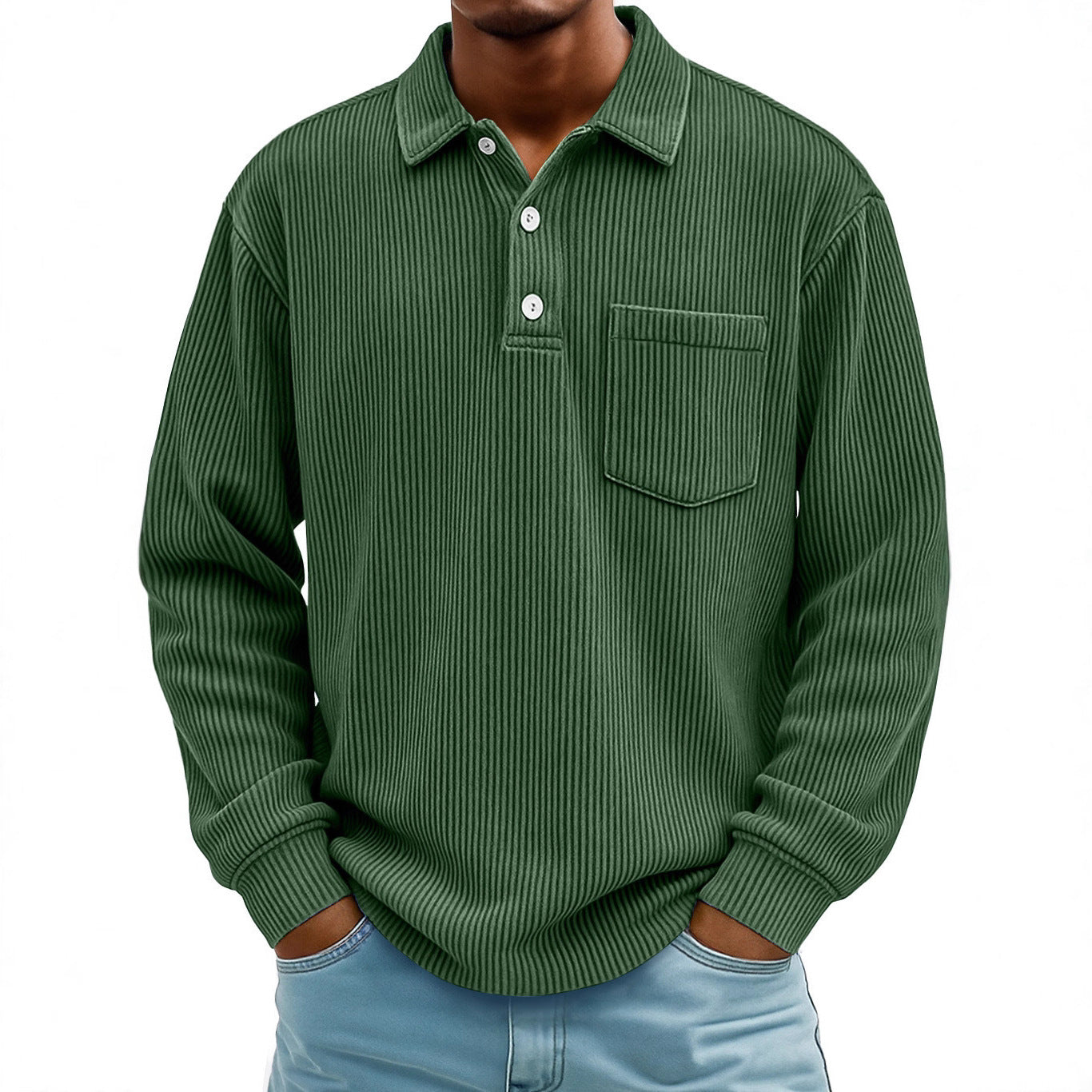 Mens Long-sleeve Polo Shirt Casual Corduroy-striped Top