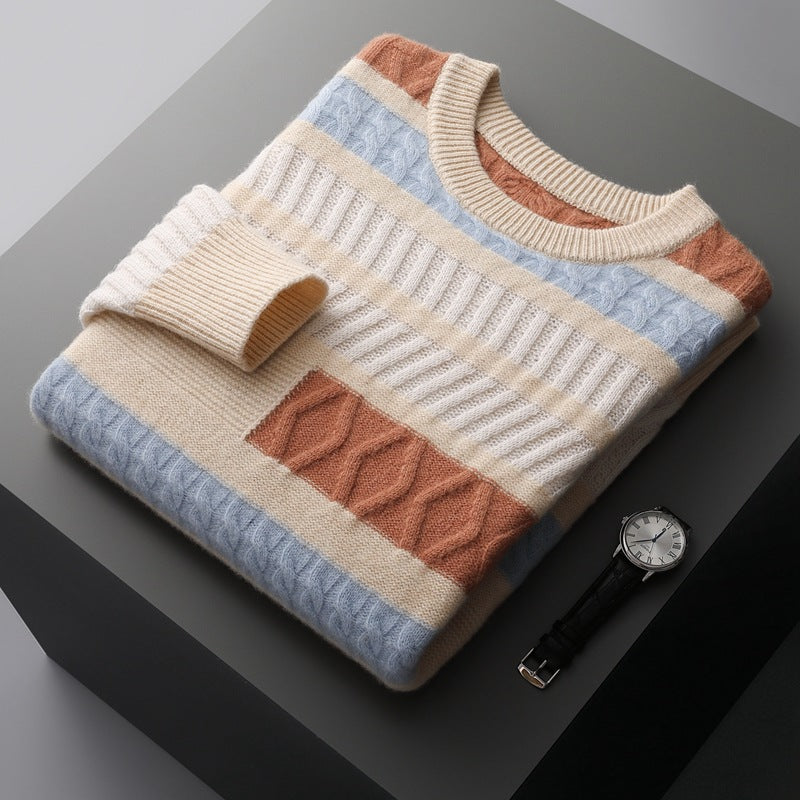 Koreansk stil Farveblok Crew Neck Cashmere Sweater til Mænd Kontrastfarve