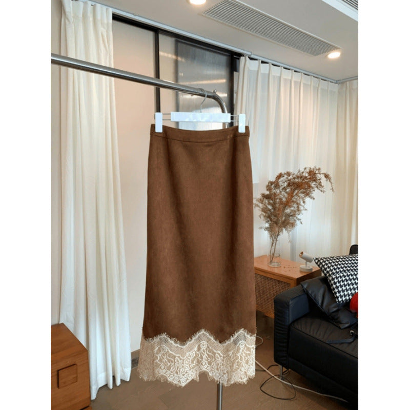 Spring And Summer New Elegant Maillard Retro Coffee Color Hem Lace Skirt