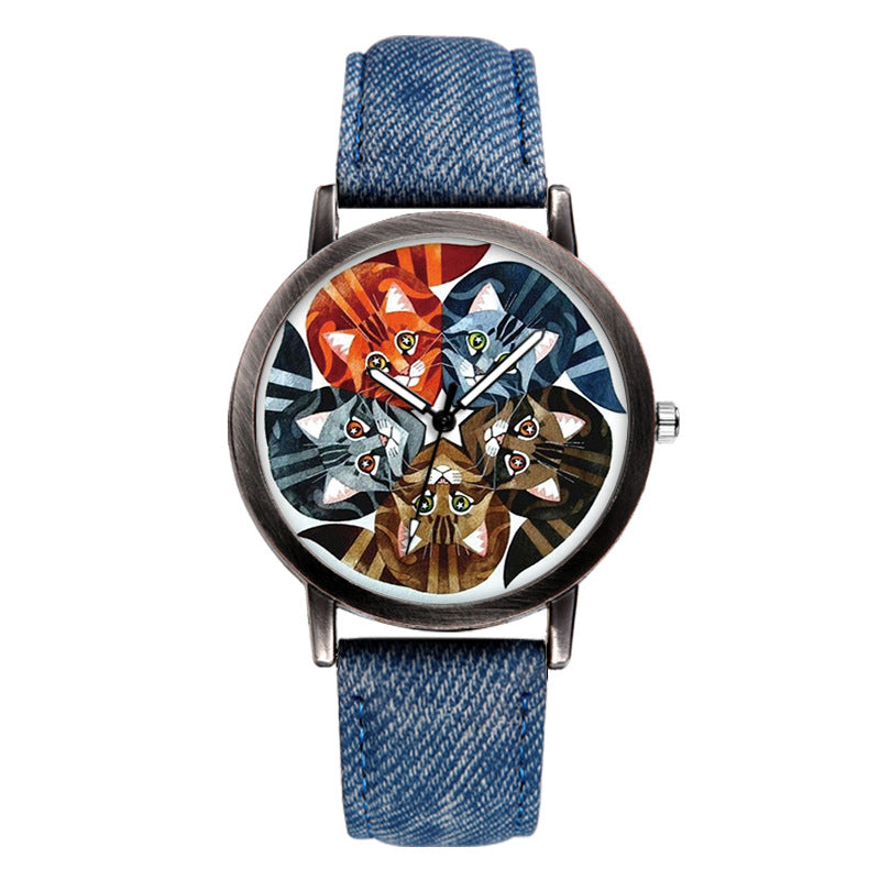 Colorful Cat Dial Design Ladies Black Case Watch