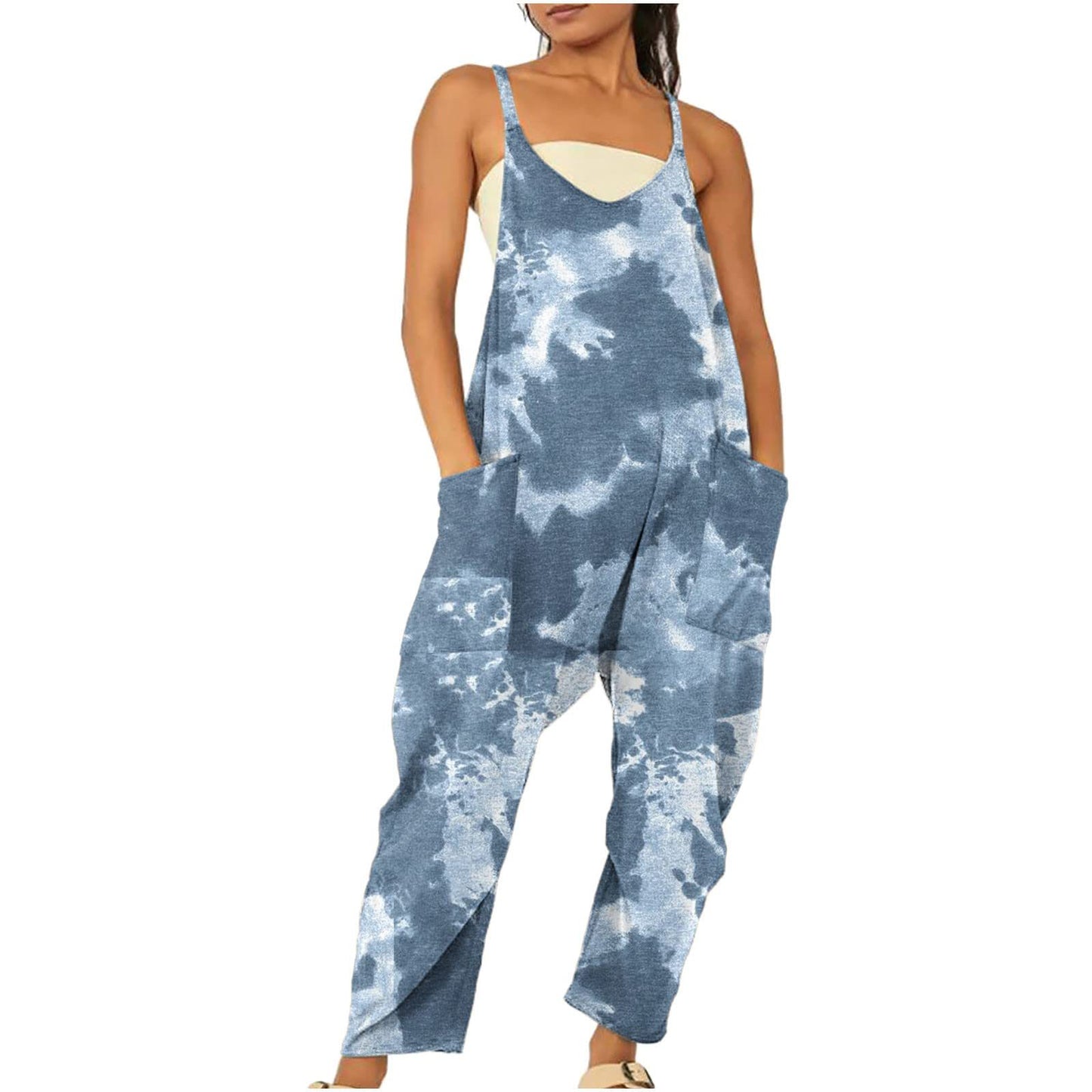 Womens Printed Zippered Patch-Pocket Jumpsuit With Straps