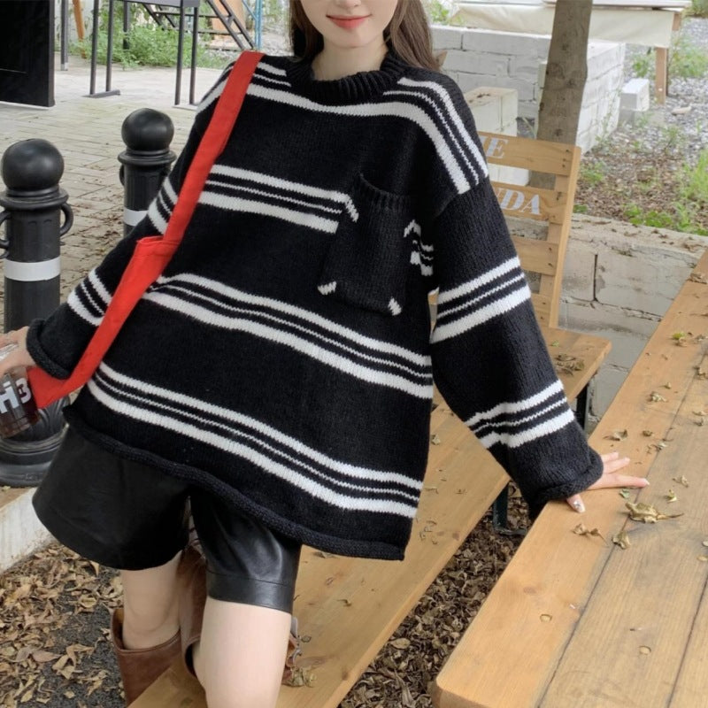 Lazy Sweater Pocket Contrast Color Striped Round Neck Pullover