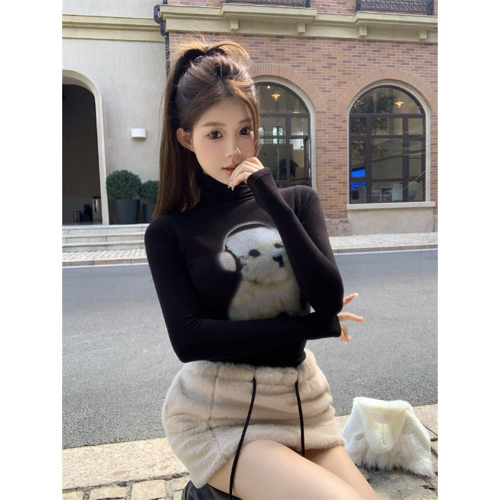 Sexy Alluring Miniature Dog-Print Turtleneck Long-Sleeve T-Shirt For Women