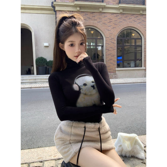 Sexy Alluring Miniature Dog-Print Turtleneck Long-Sleeve T-Shirt For Women