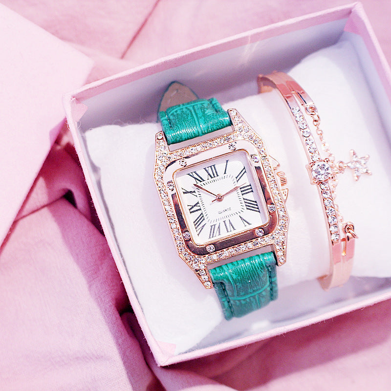 Square Dial Belt Quartz Watch + Star Bracelet