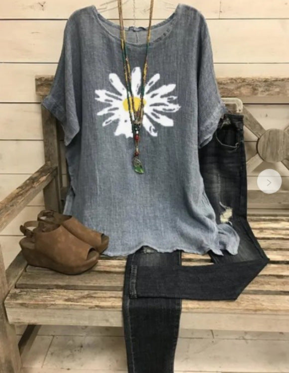 Løs Plus Size Afslappet T-shirt til kvinder i bomuldsblanding med korte ærmer