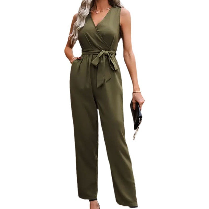 Elegant Commuter Sleeveless Cross Collar Waistline Lace-Up Jumpsuit