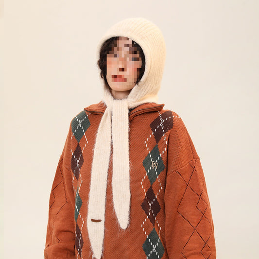 Single Piece Warm Red Knit Earflap Hat And Scarf For Fall And Winter