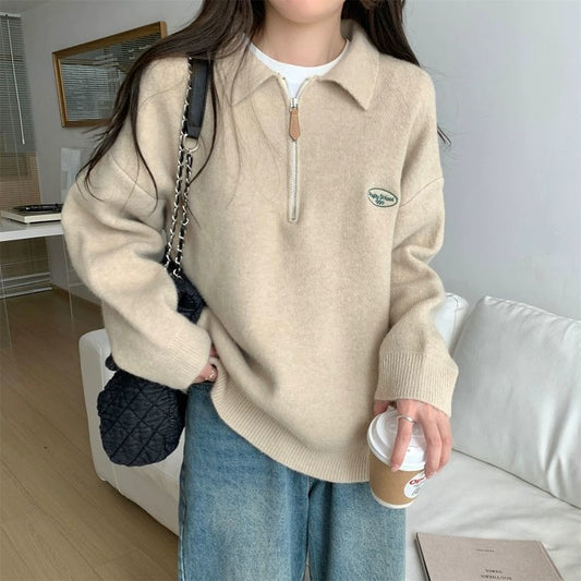 Koreansk Stil Enkel Polo Krave Lynlås Indvendig Strikket Sweater