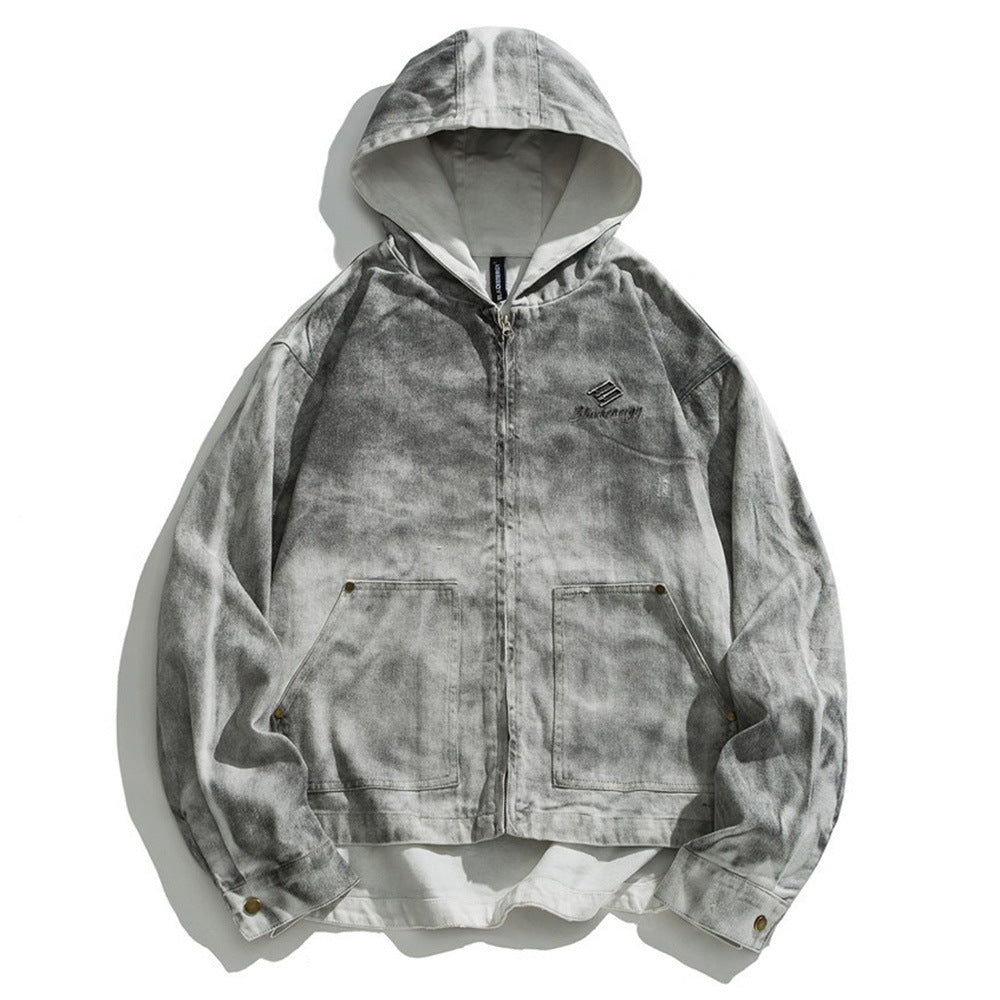 Waste Soil Wind Ripped Distressed Dirty Denim Hooded Jacket