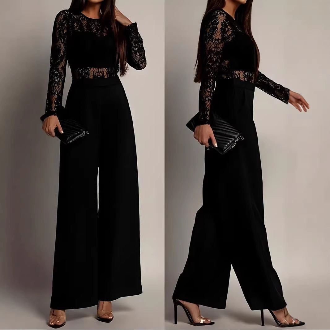 Jumpsuit til kvinder med blondeindsats, lange ærmer og vide ben