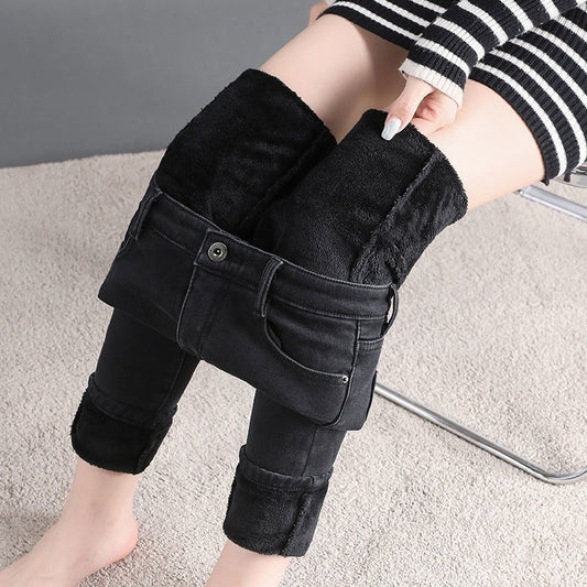 Womens High-waisted Fleece-lined Extra-thick Denim Jeans
