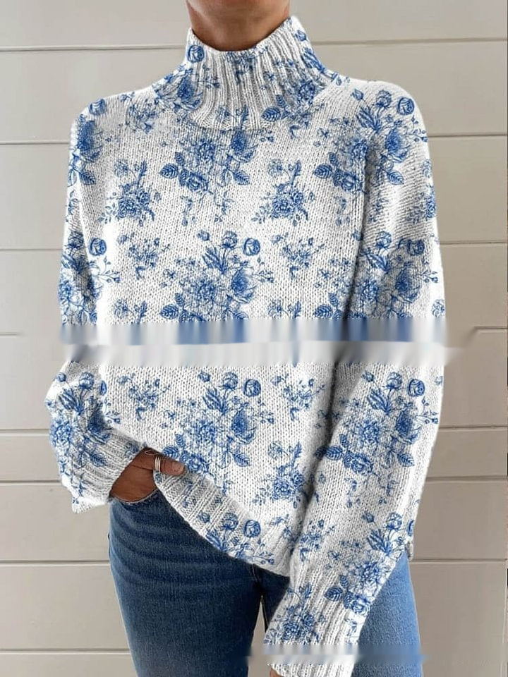 Printing Casual Cloak Turtleneck Pullover Women Abstract