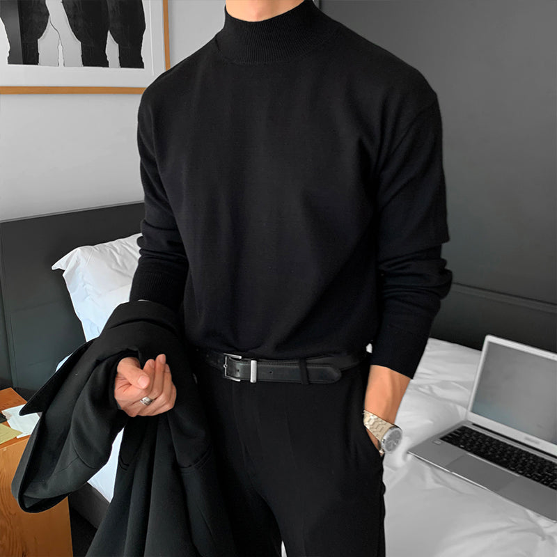 Loose Casual Solid Color Middle Neck Knitted Bottom Shirt With Long Sleeves