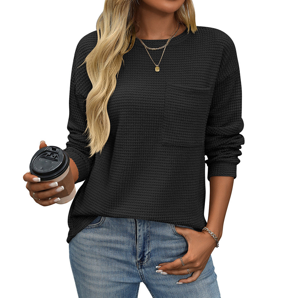 Women's Waffle Round Neck Pocket Loose T-shirt