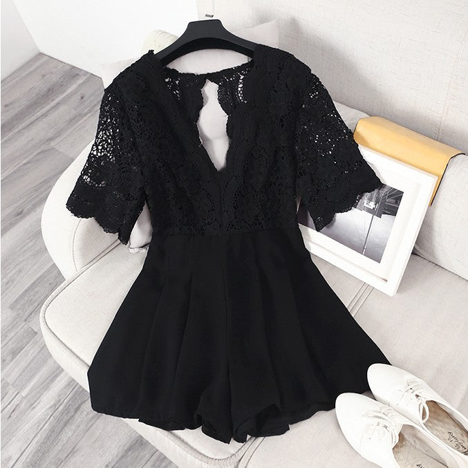 Lace Splicing  V-collar Sexy Jumpsuit