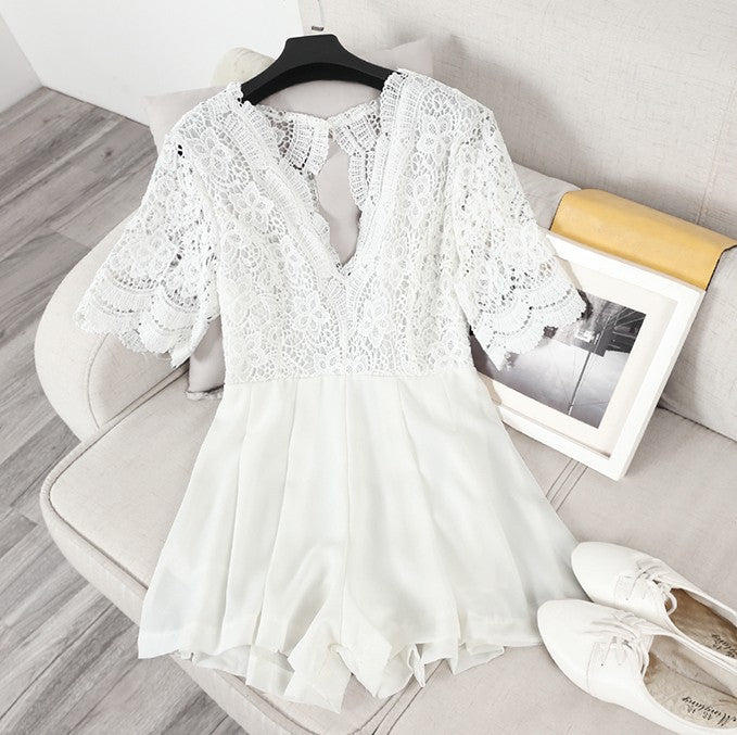Lace Splicing  V-collar Sexy Jumpsuit