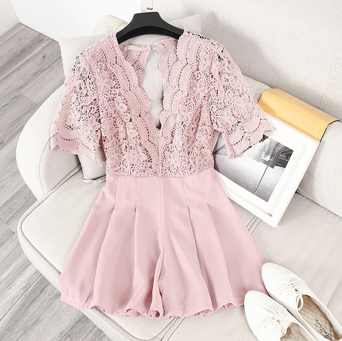 Lace Splicing  V-collar Sexy Jumpsuit